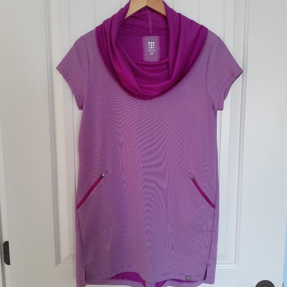 Title Nine Layli's Dot and Stripe Cowl Neck Short Sleev Dress Purple Pink Size M - Picture 1 of 10